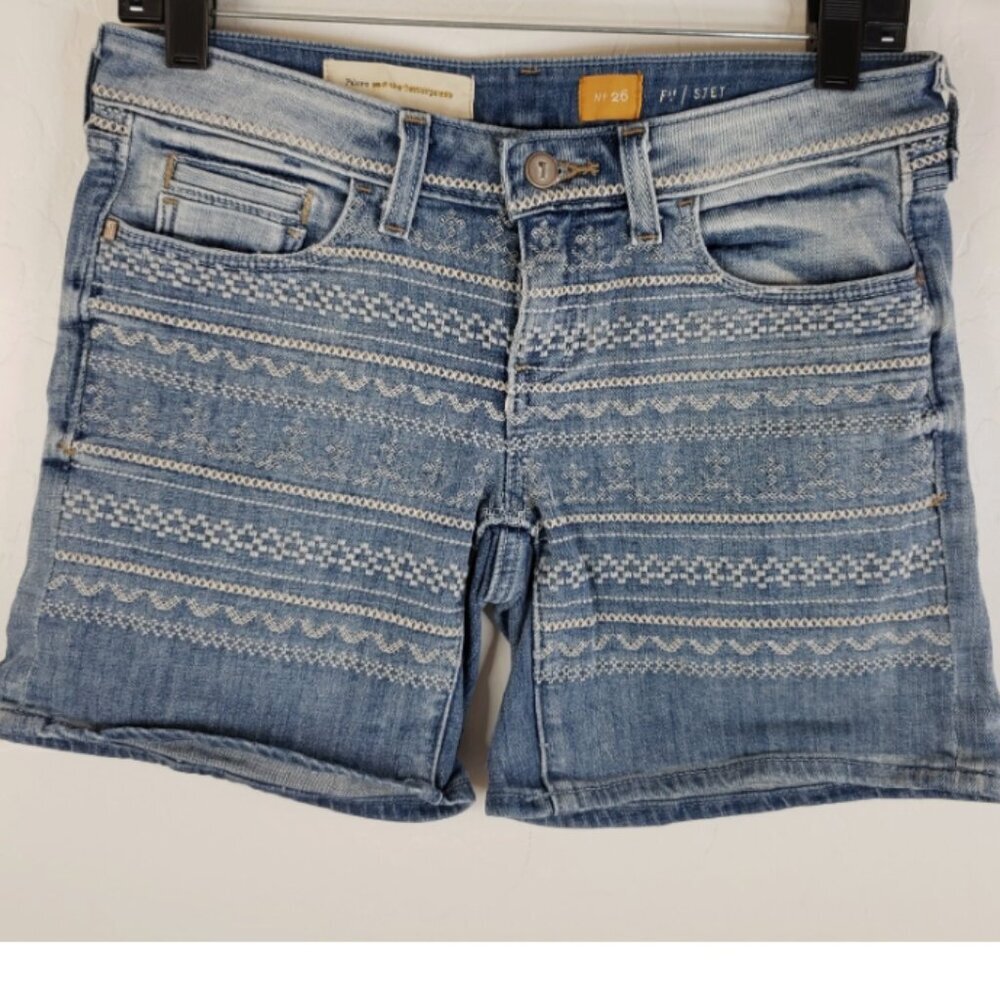 Anthropologie Pilcro Embroidered Denim Jean Short Rolled Cuff Size 28